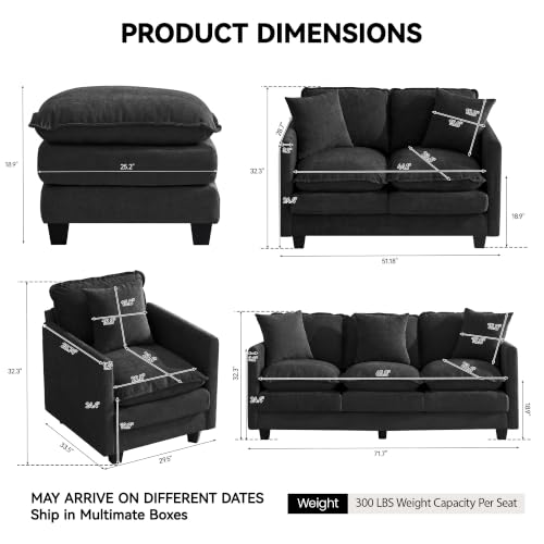 Image of 30'' Cloud Single Couch with Ottoman, Cloud Sofa with Throw Pillow, Modern 1 Seater Reading Chair with Deep Seat, Accent Chairs for Living Room, Bedroom, Small Apartment, Black