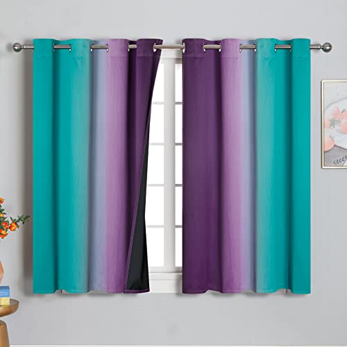 Estelar Textiler Ombre Teal and Purple Blackout Curtains 45 Inch Length 2 panels, Grommet Thermal Insulated Gradient Drapes for Kids Room, Full Light Blocking Blackout Curtains for Bedroom, 52x45 Inch