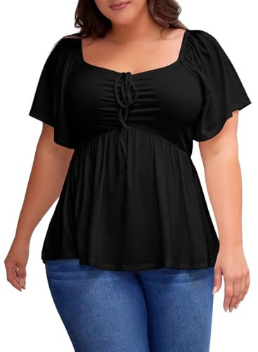 Eytino Women Plus Size Sweetheart Neck Short Sleeve Shirred Peplum Blouse Tops Shirts(1X-5X)