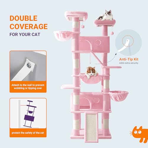 Image of Allewie 81 Inches Tall Cat Tree /Multi-Level Large Climbing Tree House and Towers for Big Feline /Condo and Hammock /Scratching Post /Wide Base /Pink