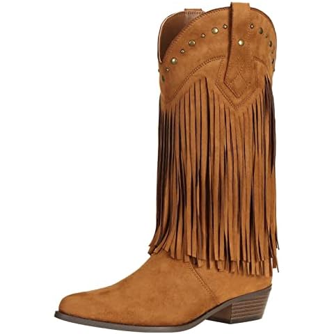 SheSole ladies Fringe Cowboy Boots for Women Riding Wide Calf Brown UK 5 Cover