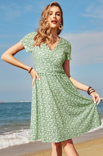 Image of OUGES Maternity Nursing Dress Breastfeeding Short Sleeve V Neck Casual Pregnancy Clothes with Pockets
