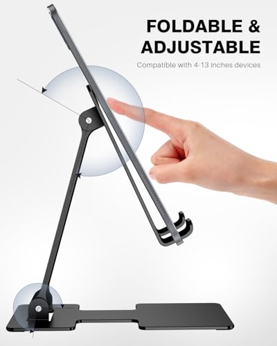 Anozer Tablet Stand,Adjustable Tablet Holder for Desk,Foldable Aluminium for iPad Stand Dock Holder for iPad Air 5/4/Mini 6/Mini 5/10.2/Pro 12.9/Pro 11,Portable Monitor,Surface (4-13 inch)-Black