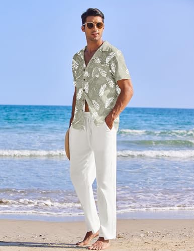 Image of COOFANDY Men 2 Piece Linen Outfit Beach Button Down Shirt Casual Loose Pant Sets