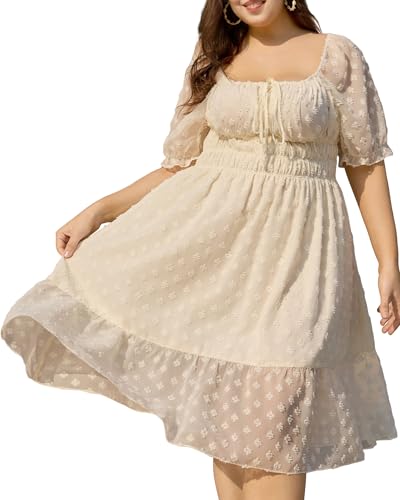 Image of 2025 Women Summer Plus Size Dresses Swiss Dot Puff Sleeve Square Neck Smocked Beach Vacation Flowy Tiered Dress