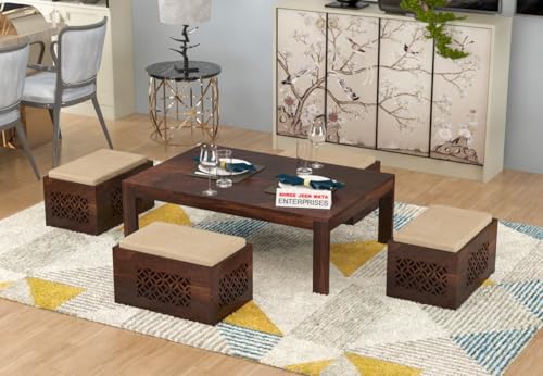 Image of Sheeshsam Wooden Coffee Table with 4 Stools for Living Room - Solid Wood Coffee Table with Cushion Seating Stools Tea Table Teapoy Center Piece for Home Sofa Center Table (Norris Walnut)
