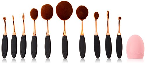 10pcs Soft Oval Toothbrush Design Makeup Brushes Sets Powder Blush Concealer Brush Makeup Cosmetics Tool Kit with Brush Egg (Black/Golden Color)