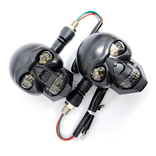 Heyzidu 2 PCS Motorcycle LED Turn Signal Light, Personalized Skull Head Decorative Light, 10 mm Mounting Hole Blinkers Indicator Replacement Part, White for Constant On, Yellow for Turning (Black)
