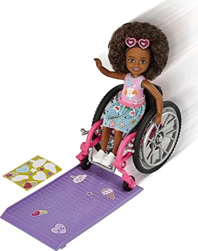 Barbie Chelsea Doll & Wheelchair, with Chelsea Doll (Curly Brunette Hair), in Skirt & Sunglasses, with Ramp & Sticker Sheet, Toy for 3 Year Olds & Up