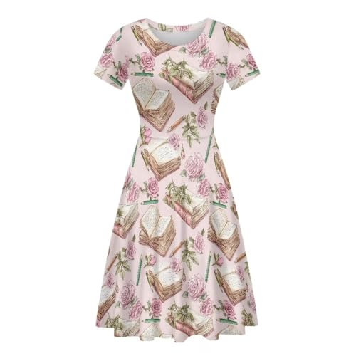 Image of POLERO Women Puffy Swing Elegant Party Midi Dresses Short Sleeve Round Neck A-Line Dress