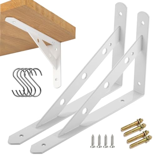 Shelf Brackets Heavy Duty Triangle Shelving Brackets Right Angle Wall Mounted Shelf Supporters 8 inches&12 inches 2 Pack (White 300mm x 188mmx 25mm)