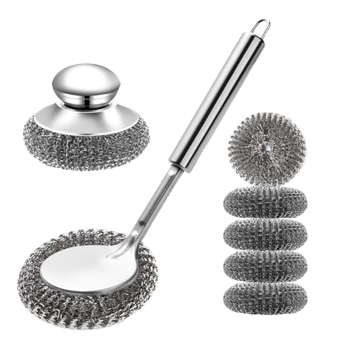 Image of Steel Wool Scrubber with Handle, Cast Iron Scrubber, Stainless Steel Scrubber, with 5 Refills and Long Handle Stainless Pot Brush, Remove Dirt, for Cleaning Stoves, Sinks, Dishes, Grills, Bowls