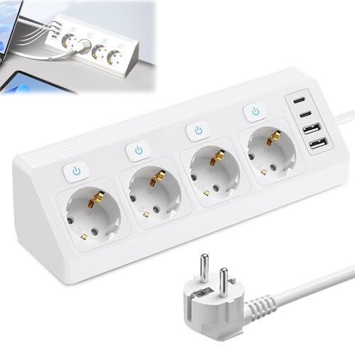 Regleta con 2 USB y 2 Type-C, 4 enchufes de esquina con interruptor, regleta con protección contra sobretensiones, enchufe de mesa de 2 m de cable, para cocina, escritorio y oficina