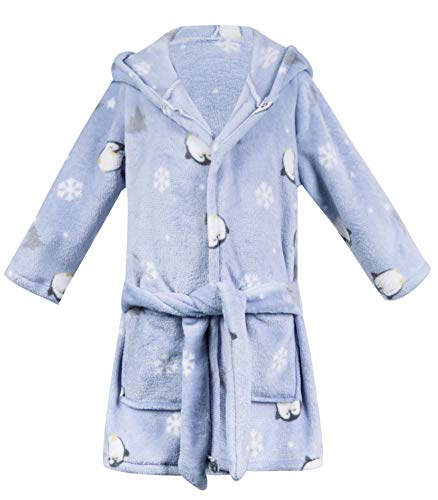 Girls Boys Robe Soft Plush Hooded Pajamas Tollder Bathrobe for Girls Boys (Blue Penguin, 2-3 Years Old)