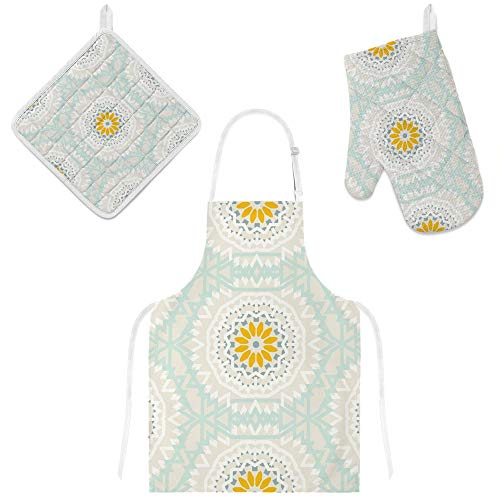 U-Life Apron With Glove Oven Mitt Pot Holder Set Mandala Patchwork Geometric Floral For Women Men Kids #TOP6