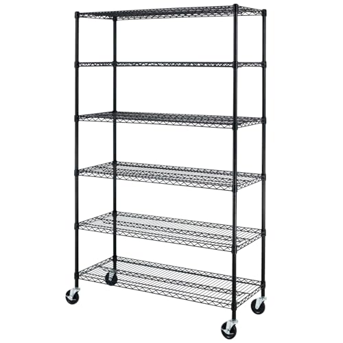 Image of BestOffice Storage Shelves 6 Tier Metal Shelves Adjustable Heavy Duty Garage Shelving Wire Shelving Unit Capacity 6000LBS with Wheels for Kitchen, Garage Pantry Closet Commercial,Black