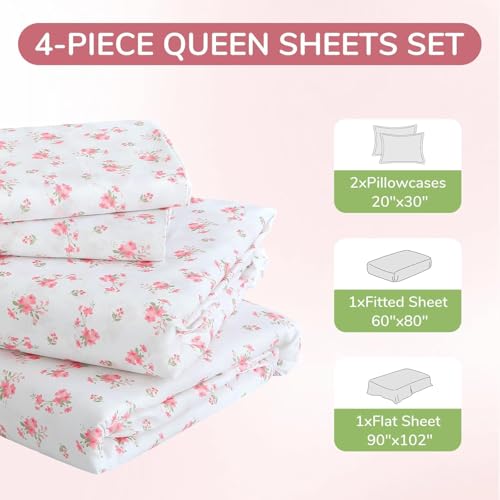 Image of MUXHOMO Queen Size 4 Piece Sheet Set, Soft Breathable Bed Sheet Set for Bedroom with Deep Pocket Up to 16 inch, Wrinkle-Free & Cooling Bedding for Oeko-TEX Certified - Blossoms Pink