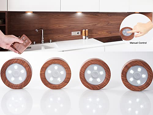 Image of Puck Lights with Remote, LED Under Cabinet Lights with Auto Timer, Battery Operated Dimmable Under Counter Light for Closet, Kitchen, Under Counter, Hallway, Stairs. 4 Pack (Woodgrain-1)