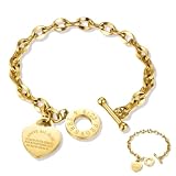pichuxiu Gold Heart Charm Bracelet Plated Charm Bracelet 18K Heart Bracelet for Women Her Link Chain OT Clasp with Scriptures
