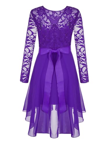 Kids Flower Girl Lace Chiffon Dress Long Sleeve High-Low Hem Junior Bridesmaid Dresses Proms Ball Gown4
