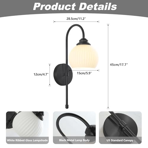 Image of KCO Lighting Vintage Milk Glass Wall Sconce Industrial Black Globe Wall Sconce Set of 2 Mid Century Bathroom Vanity Light Frosted Glass Modern Sconces Wall Lighting