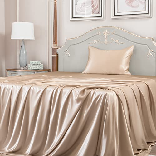 Promeed 22 Momme Mulberry Silk Sheets Set 3Pcs, Grade 6A Natural Silk Bedding Set Includes Flat Sheet, Deep Pocket Fitted Sheet And Pillowcases, New 3Rd Gen Bed Linen Set (Champagne, Twin/Twin-Xl) #TOP7