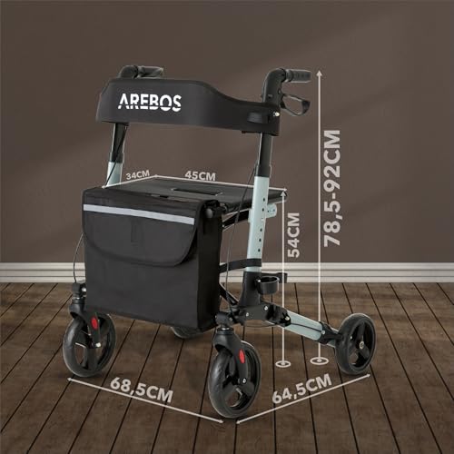 Arebos Lekki rollator, aluminium, 6-stopniowa regulacja wysokości, wygodne siedzisko, uchwyt na laskę, zdejmowana torba na zakupy, składana, gotowa do natychmiastowego użycia, kolor czarny