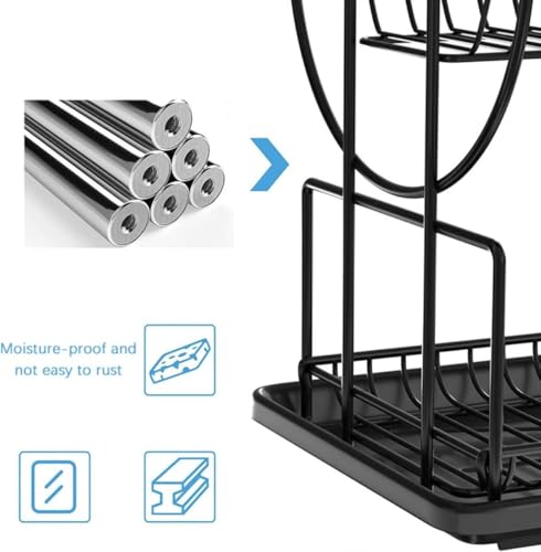 Image of JD FRESH 2 Tier Dish Drainer Rack for Kitchen /Space Saving Dish Stainer with Utensils Drying Rack /Plate Stand with Drain Tray & Glass Holder /Countertop Dish Drainer Kitchen Rack (Black)