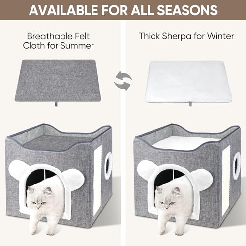 Furjoy Katzenbetten für Indoor Katzen, Faltbares Katzenhaus, Katzenhöhle 2 Schicht Würfel Großer Raum Katzenbett mit Kratzbrett und Spielball, 15.8 x 15.8 x 15inches