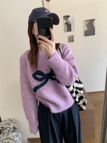 Image of Women's Y2K Bow Print Cropped Sweater Casual Loose Fit Pullover Tops Long Sleeve Crew Neck Chunky Knit Jumpers