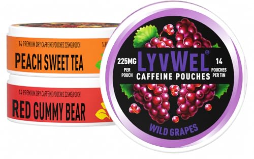 Image of LyvWel 225mg Caffeine Pouches, Guarana-Powered Energy Pouches, Nootropic Pouches, Nicotine-Free & Tobacco-Free, 3-Pack, 42 Pouches (Wild Grape, Peach Sweet Tea, Red Gummy)