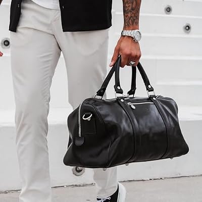 Time Resistance Full Grain Leather Small Duffel Bag - Gym Weekender Overnight Bag (Black)
