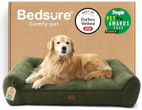 BEDSURE SupportMax™ extra Dickes ergonomisches Hundebett Grosse Hunde | 122x89x25cm Druckentlastendes Hundesofa, waschbarer Bezug, rutschfest, Sherpa-Plüsch, stilvolles Design, dun