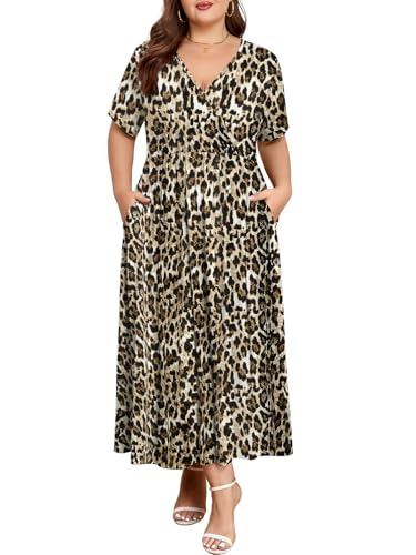 Image of BELAROI Womens Plus Size Maxi Dress Summer Wrap V Neck Flowy Long Sundress Beach Dresses with Pockets