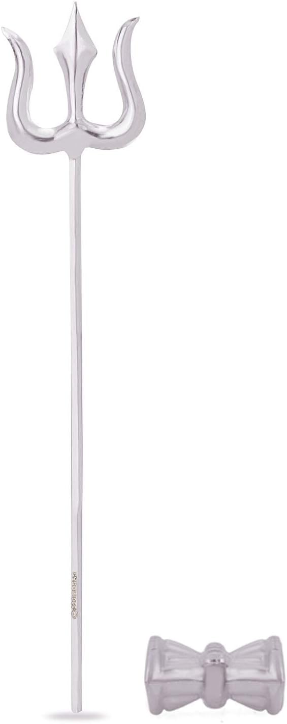 Vishaka Arts Pure Silver Trishul Trident and Damroo Set for Puja, Temple at Home