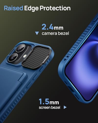 Image of for iPhone 16 Case with Card Holder, Built-in Stand & Camera Lens Cover, Shockproof Rugged Silicone Raised Edge Protective Multifunctional Wallet Phone Case Cover for iPhone 16 6.1 inch 2024, Blue