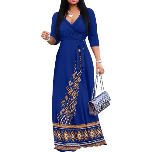 Image of Plus Size Maxi Dress for Women V Neck 3 /4 Sleeve Wrap Dress Blue Tribal S | Blue Tribal Geometric Women's Maxi Dress