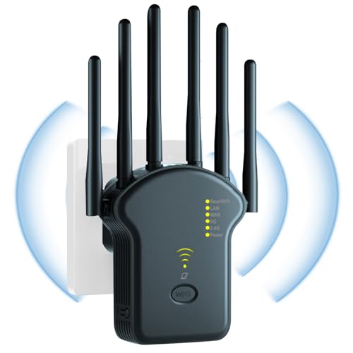Ripetitore WiFi Potente per Casa 1200Mbps 6 Antenne Amplificatore Wifi,5GHz & 2,4GHz Dual Band WiFi Extender Supporta Modalità Ripetitore/Router/AP, Ripetitori con WPS, Porta Ethernet (Nero)