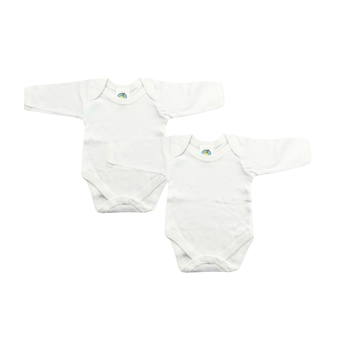 Junior Joy Newborn Baby Bodysuits, 100% Cotton, Super Soft, Long Sleeves, Envelope Neck, Popper Fastening for Easy Nappy Change, Durable, Machine Washable, Pack of 2
