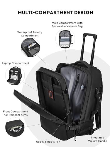 Rolling Vacuum Seal Backpack for Travel, with Hidden Pull Rod, Weight Handle, TSA Lock, Charging Port, fit 19" Laptop, Water Repellent, Carrry-on Luggage for Trip (Vacuum Pump Included)4