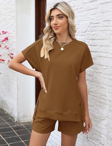 Image of LOMON Womens Fashion 2 Piece Outfits Sweatsuits 2026 Summer Short Sleeve Loungewear Tracksuit Round Neck Lounge Shorts Sets