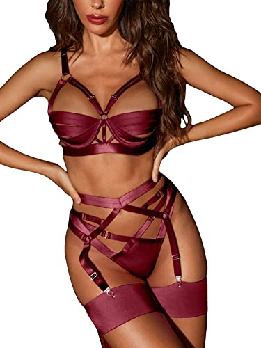 Milumia Women's Cutout Ring Linked Harness Garter Belt Leg Ring Lingerie Set Burgundy Small #TOP14