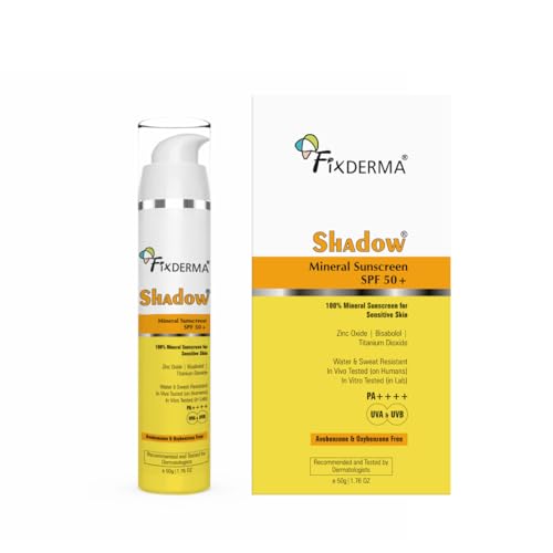 Image of Fixderma Shadow Mineral Sunscreen SPF 50+ & PA++++, Hydrating, Water & Sweat Resistant, UVA /UVB Protection, Clinically Tested in-Vivo & in-Vitro, Avobenzone & Oxybenzone Free, 50g