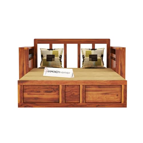 Image of Mamta Furniture Solid Sheesham Wood Sofa Cum Bed Furniture Set with Storage and Cushions for Living Room | Bedroom | Drawing Hall Honey Queen