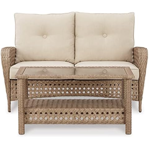 Signature Design by Ashley Braylee Outdoor 2 Piece Patio Driftwood Resin Wicker Cushioned Loveseat and Table, Rustic Cover