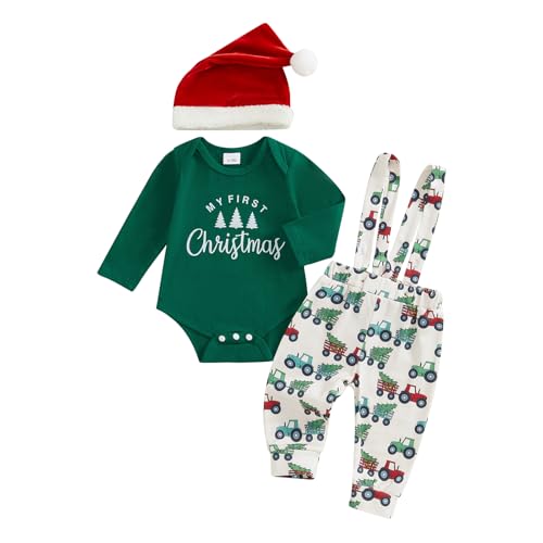 Image of Bonangber St Patricks Day Baby Boy Outfit My 1st St. Patricks Day Romper Onesie Suspender Pants Set With Beanie Hat