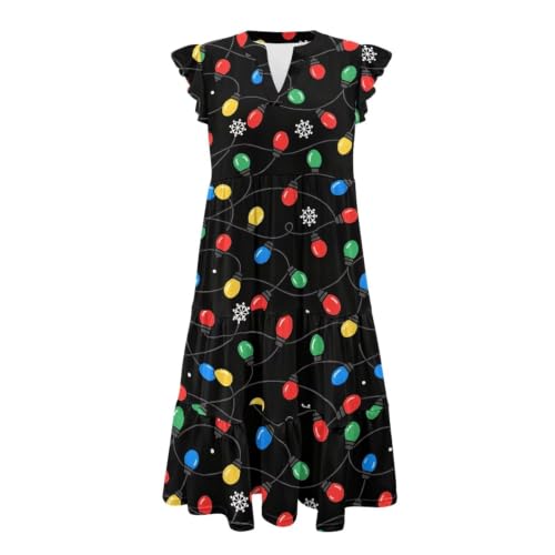 Image of Womens Summer Dress Ruffle Sleeve V Neck Dress Casual Fit Flowy Beach Vacation Sundress with Pocket S-2XL