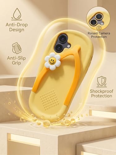 Image of amazon basics 3D Flip Flop Design Silicon Back Cover for iPhone 17 - Slipper Shape Soft Case with Smiley Daisy Flower, Shockproof Protection, Cute & Funny Aesthetic Case for Girls & Women
