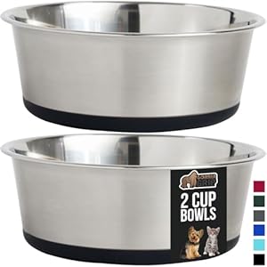 GORILLA GRIP Set of 2 Dog Bowls, Heavy Duty Metal Food and Water Bowl for Feeding Dogs and Cats, Dishwasher Safe, Rust Resistant Stainless Steel, BPA Free Rubber Base, Holds 2 Cups (16 fl oz), Black
