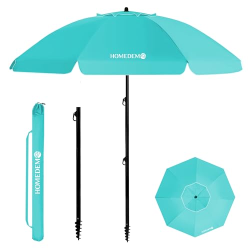 HOMEDEMO Parasol Plage Inclinable Portable et Pliable, Protection Solaire UV50+, avec Pied d'Ancrage à Visser & Housse de Protection, pour Terrasse, Piscine, Marché, Campings, 217cm, Turquoise